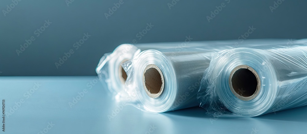 Poster Cling film set against a blue background. with copy space image. Place for adding text or design