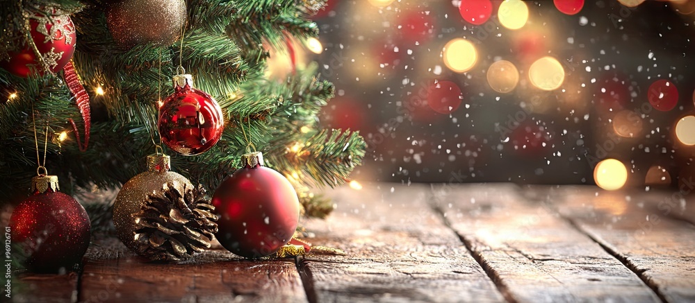 Aufkleber christmas tree and decorations on a wooden surface new year baubles on wood wooden table xmas adornm