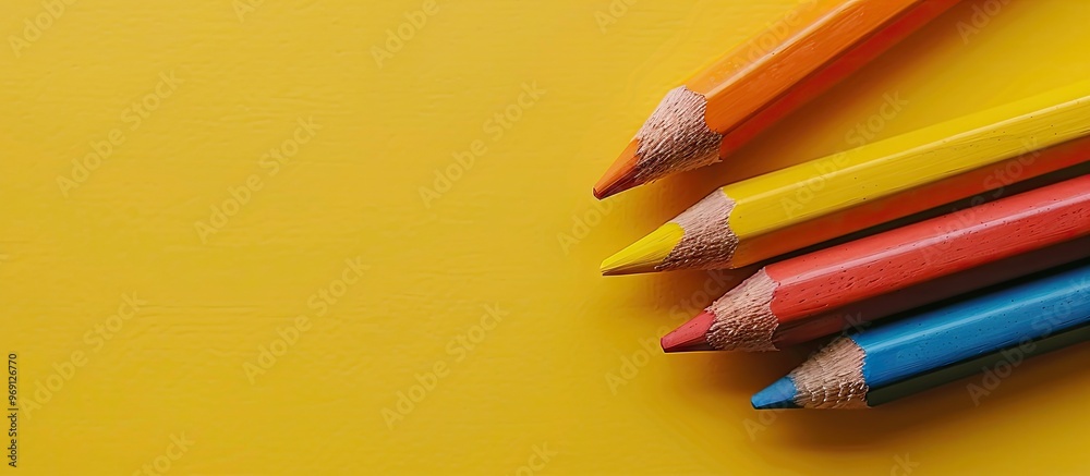 Poster Top view of pastel toned color pencils isolated on a yellow background close up. with copy space image. Place for adding text or design