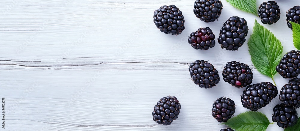 Leinwandbilder fresh blackberries on a white wooden table background. with copy space image. place for adding text 