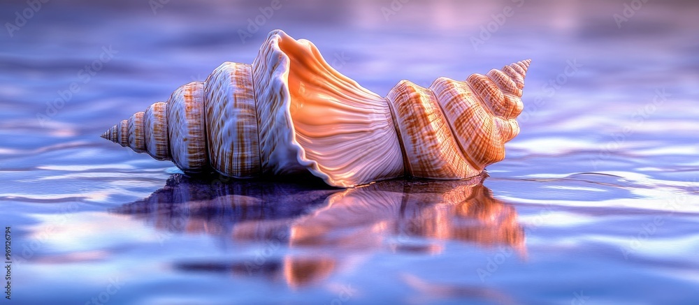 Aufkleber seashell on a shimmering purple blue reflective surface. with copy space image. Place for adding text or design
