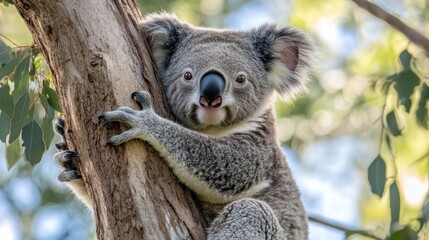 A close-up of a koala clinging to a tree branch in a natural setting.