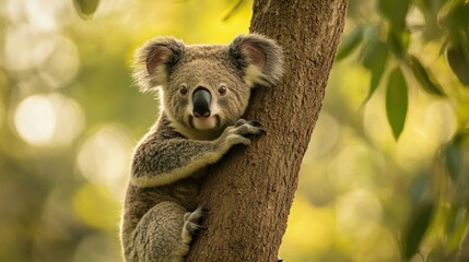 Fototapeta premium A koala clings to a tree, surrounded by a lush, green environment.