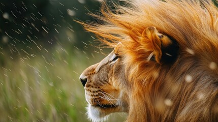 Naklejka premium A majestic lion with a flowing mane, captured in a serene, natural setting.