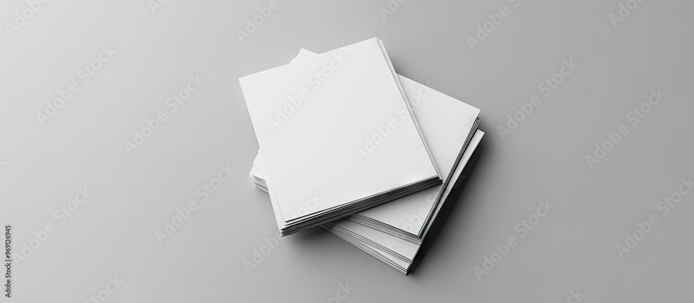 Aufkleber Empty flyer sheets on a grey background viewed from above Mockup for design. with copy space image. Place for adding text or design