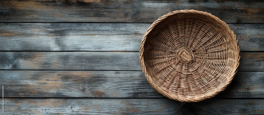 Poster An empty wicker basket tray featuring a circular pattern on a weathered wood background with copy space