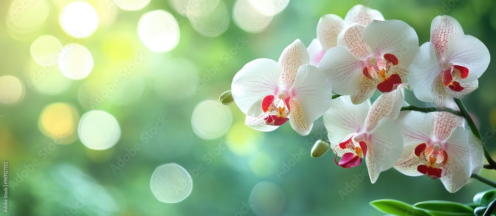 Fototapete Macro abstract texture background featuring stunning white and red blooming moth orchids phalaenopsis with a defocused green natural backdrop. with copy space image. Place for adding text or design
