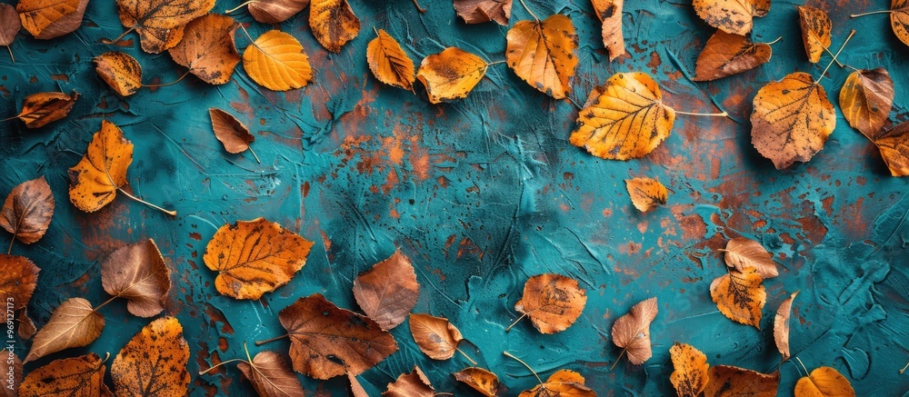 Poster Dry autumn leaves on a light blue background arranged in a flat lay Area for text. with copy space image. Place for adding text or design