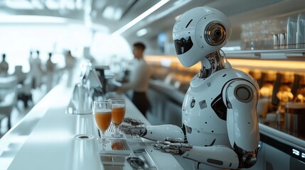 Fototapeta premium Autonomous robotic baristas in futuristic cafes serving personalized drinks: Customers ordering coffee from fully automated robotic baristas.