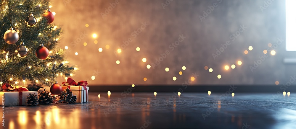 Poster Indoor Christmas Light Display with Tree and Ornaments. with copy space image. Place for adding text or design