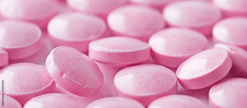 Poster Close up top view of oval shaped bright pink pills on a white background. with copy space image. Place for adding text or design
