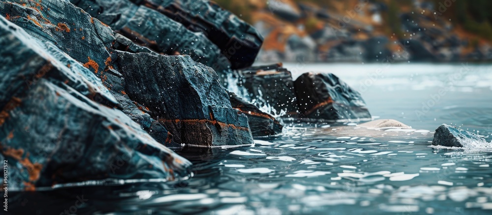 Aufkleber a large wet stone juts out of the water natural backdrop. with copy space image. place for adding te