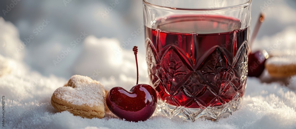 Aufkleber homemade red cherry tincture in a crystal wine glass alongside heart shaped christmas cookies on whi