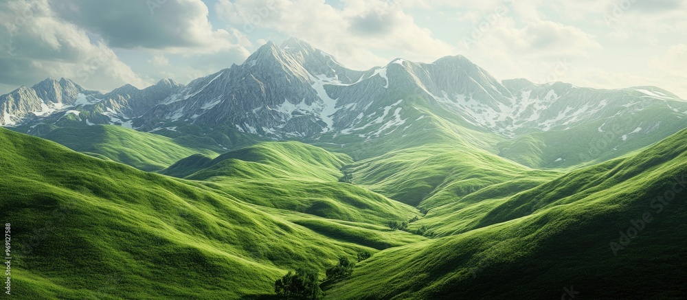 Leinwandbilder lush green hills and mountains with patches of remaining snow. with copy space image. place for addi