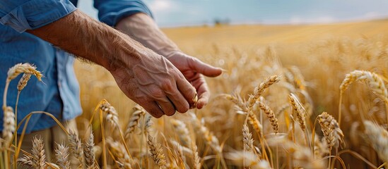 Men s hands in a blue linen shirt lovingly touch the ears of ripening wheat in a field against the sky Bottom view close up copyspace A large headline about production and grain harvest
