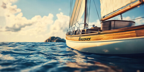 Ocean Adventure Awaits: A vintage wooden yacht with "discover" displayed, ready to set sail to new horizons.