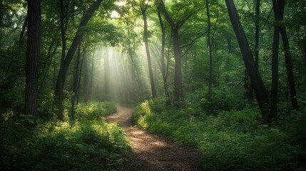 Obraz premium A serene forest path illuminated by soft sunlight filtering through lush trees.
