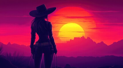 Silhouette of a Cowgirl Facing a Sunset in the Desert