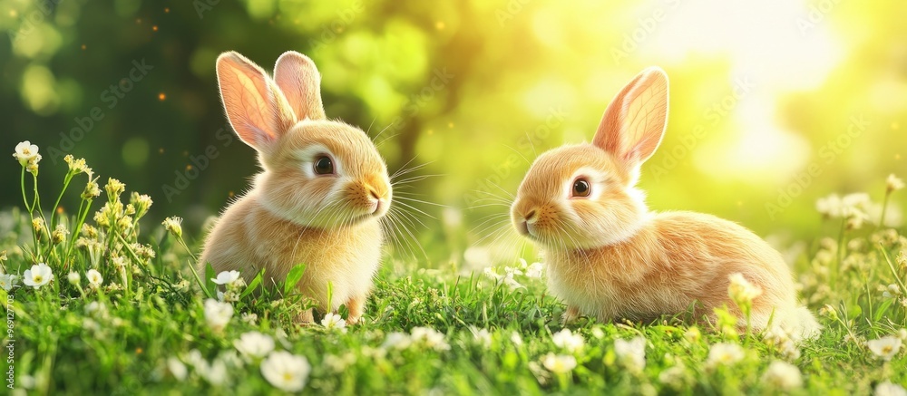 Poster Rabbits Charming art design featuring a cute little Easter Bunny Springtime flowers and green grass. with copy space image. Place for adding text or design
