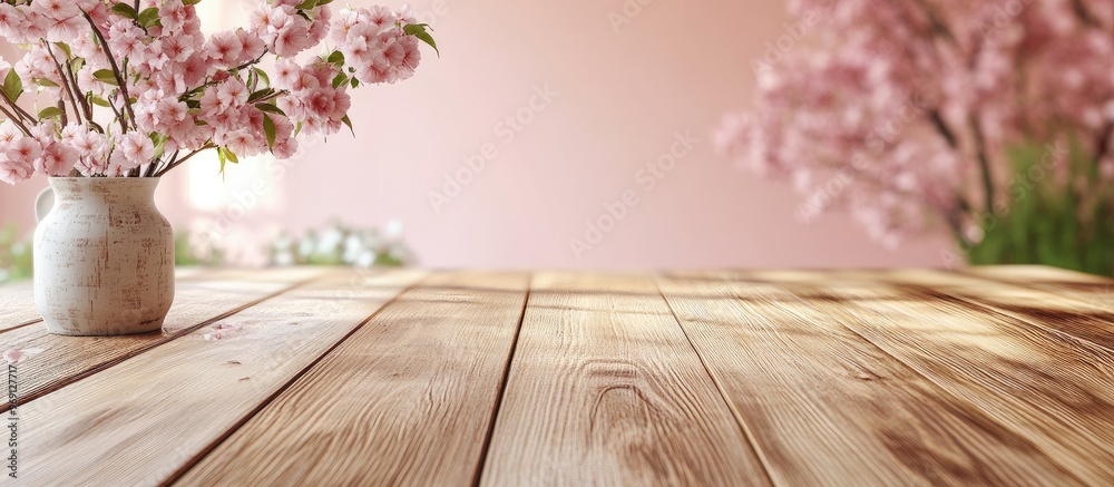 Poster empty wooden table with a pink cherry blossom flower backdrop mockup for your product presentation o
