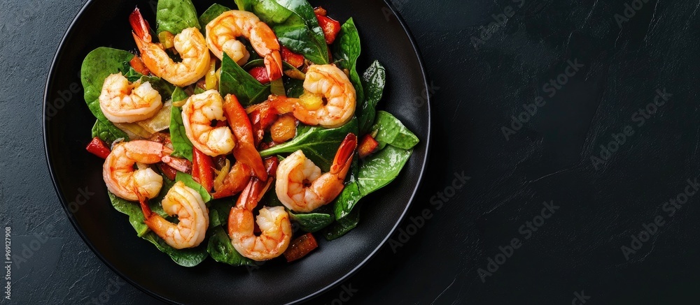 Poster chinese cuisine shrimp and green leafy vegetables stir fried. with copy space image. place for addin