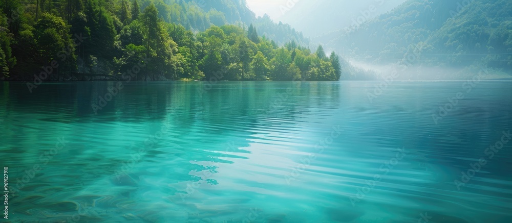 Poster translucent turquoise lake water. with copy space image. place for adding text or design