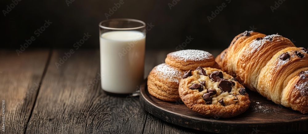 Fototapete Pastries on a dark wooden table accompanied by milk and a cookie in a bakery setting. with copy space image. Place for adding text or design