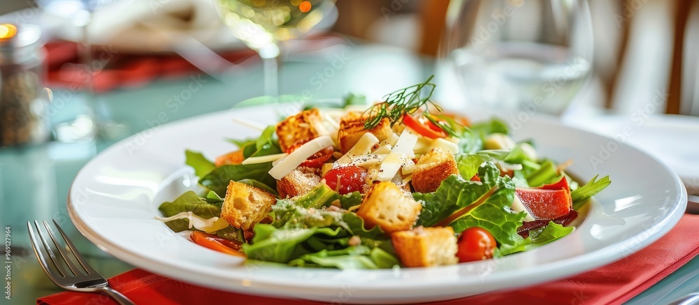 Poster Caesar salad on a white plate placed on red napkins in a square Close up Series of images. with copy space image. Place for adding text or design