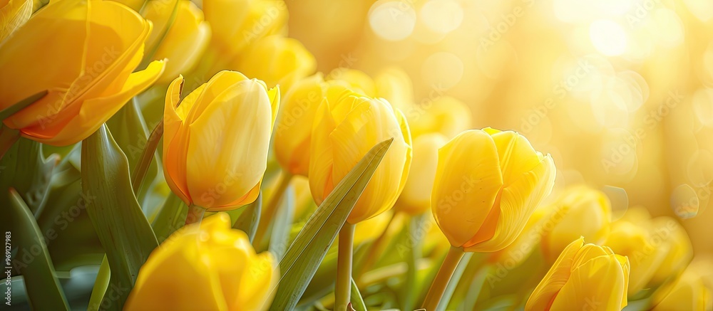 Leinwandbilder yellow tulips set against a white background. with copy space image. place for adding text or design