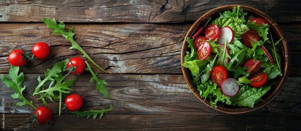 Poster fresh salad with vegetables including tomato radish mache lettuce and green leaves as a snack meal o