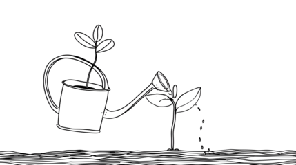  watering can watering seedling, close, , black and white