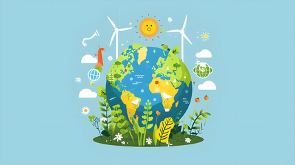 Earth Day concept, Sustainable energy source with wind turbine for eco-friendly world, Vector illustration of green energy for global warming, Environmental protection