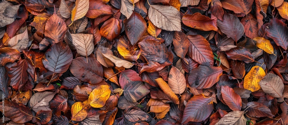 Aufkleber Fallen variegated leaves in late autumn display colors of red brown orange and yellow. with copy space image. Place for adding text or design