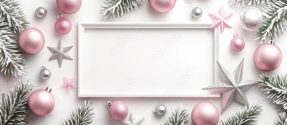 Poster christmas decorations pink balls silver christmas stars and a frame on a white background flat lay t