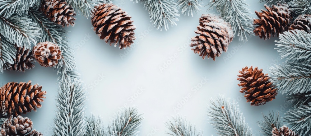 Poster Christmas decoration Arrangement of a branch Christmas tree and pine cone on snow Top view flat lay. with copy space image. Place for adding text or design