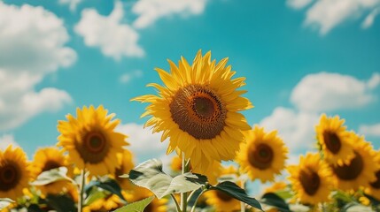 Obraz premium A vibrant field of sunflowers under a bright blue sky with fluffy clouds.