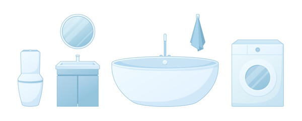 Classic Bathroom. Samples of bathroom equipment such as toilet, washbasin, bathtub, washing machine. Plumbing kit.