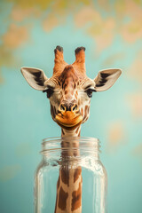A giraffe is standing in front of a jar, looking at the camera