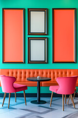 A colorful room with a green wall and orange furniture