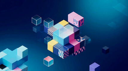 A digital data background with abstract shapes and lines. The background contains a variety of geometric shapes, including circles, squares, and triangles, all interconnected with lines.
