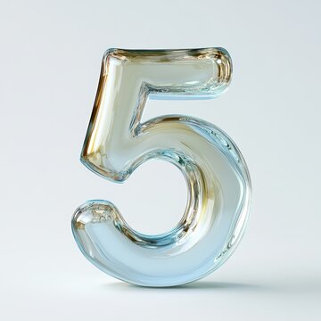 3D number 5 with glass texture realistic modern design, soft lighting, white background 