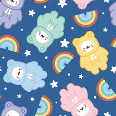 Cute hand drawn polar bear with kawaii stars and rainbow and dots deep blue background in a colorful adorable violet, pink , green, red, yellow warm pajama or hoodie, bedding desigh seamless pattern