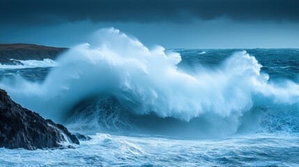 A powerful ocean wave crashing against rocky shores under a dramatic sky.