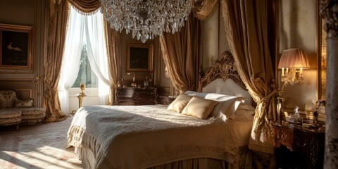 Luxurious bedroom with ornate bed, gold drapes, and sunlight streaming
