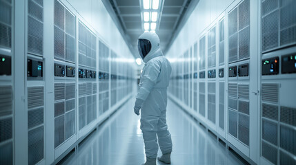 A technician in high tech suit inspects data center filled with advanced equipment, showcasing futuristic environment. sterile atmosphere emphasizes technology and precision