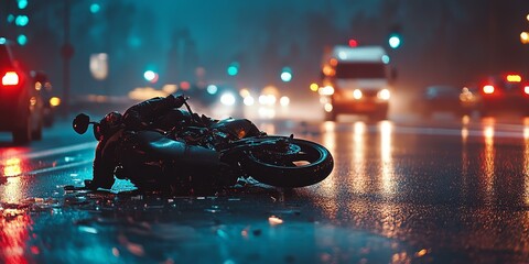 A wrecked motorcycle on a wet road at night.