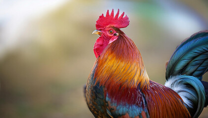 Fototapeta premium a Rooster, Capturing Its Vibrant Feathers and Proud Stance