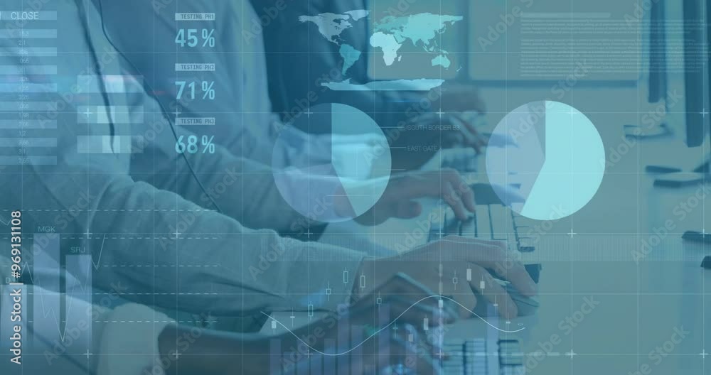 Poster animation of financial data processing over diverse colleagues using phone headsets and computers