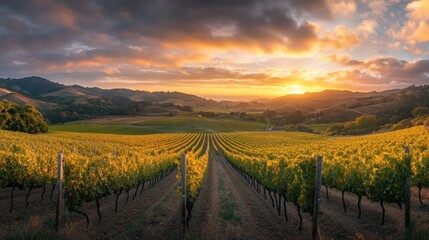 Fototapeta premium A picturesque vineyard at sunset, showcasing rows of grapevines and rolling hills.