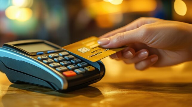Hand swiping a credit card at a point of sale terminal in a warm, illuminated setting